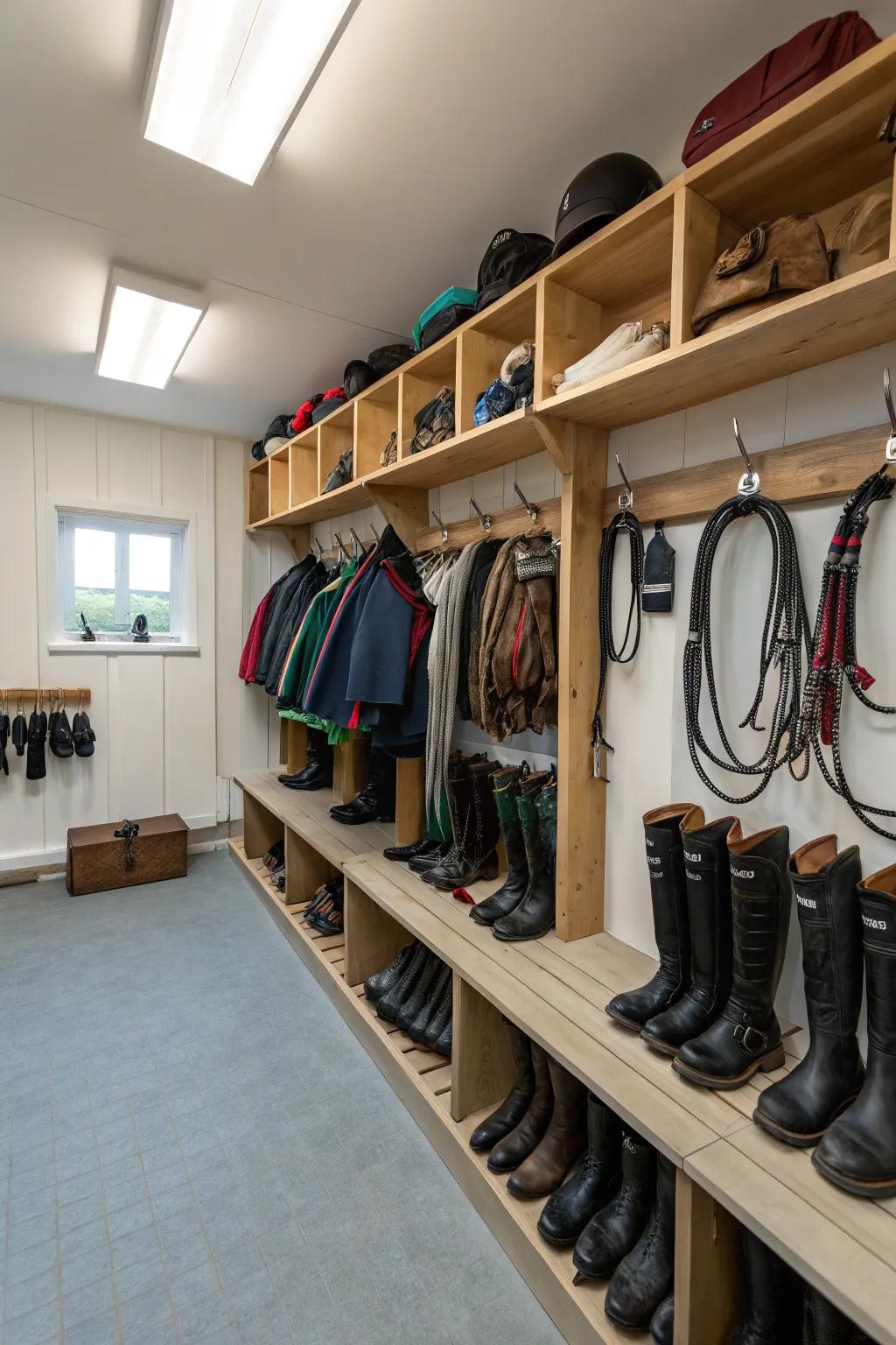 Boot storage with fixtures in a tack room for cleanliness and ease.