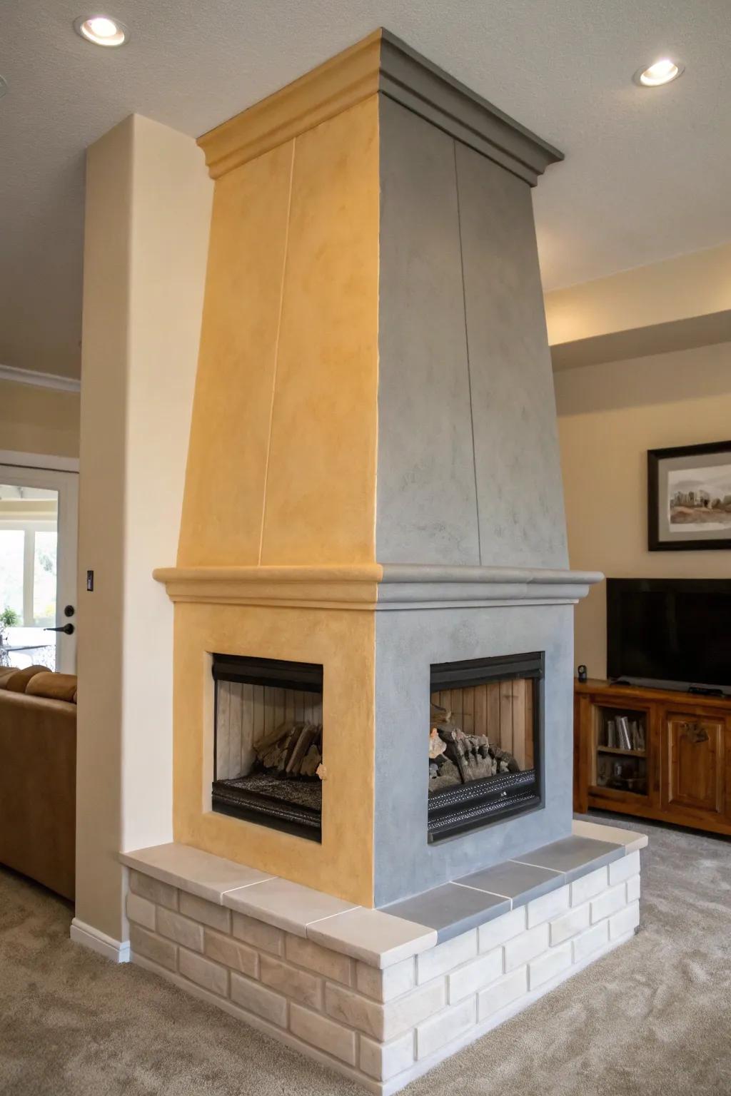 Two-tone designs add depth and interest to a fireplace wall.