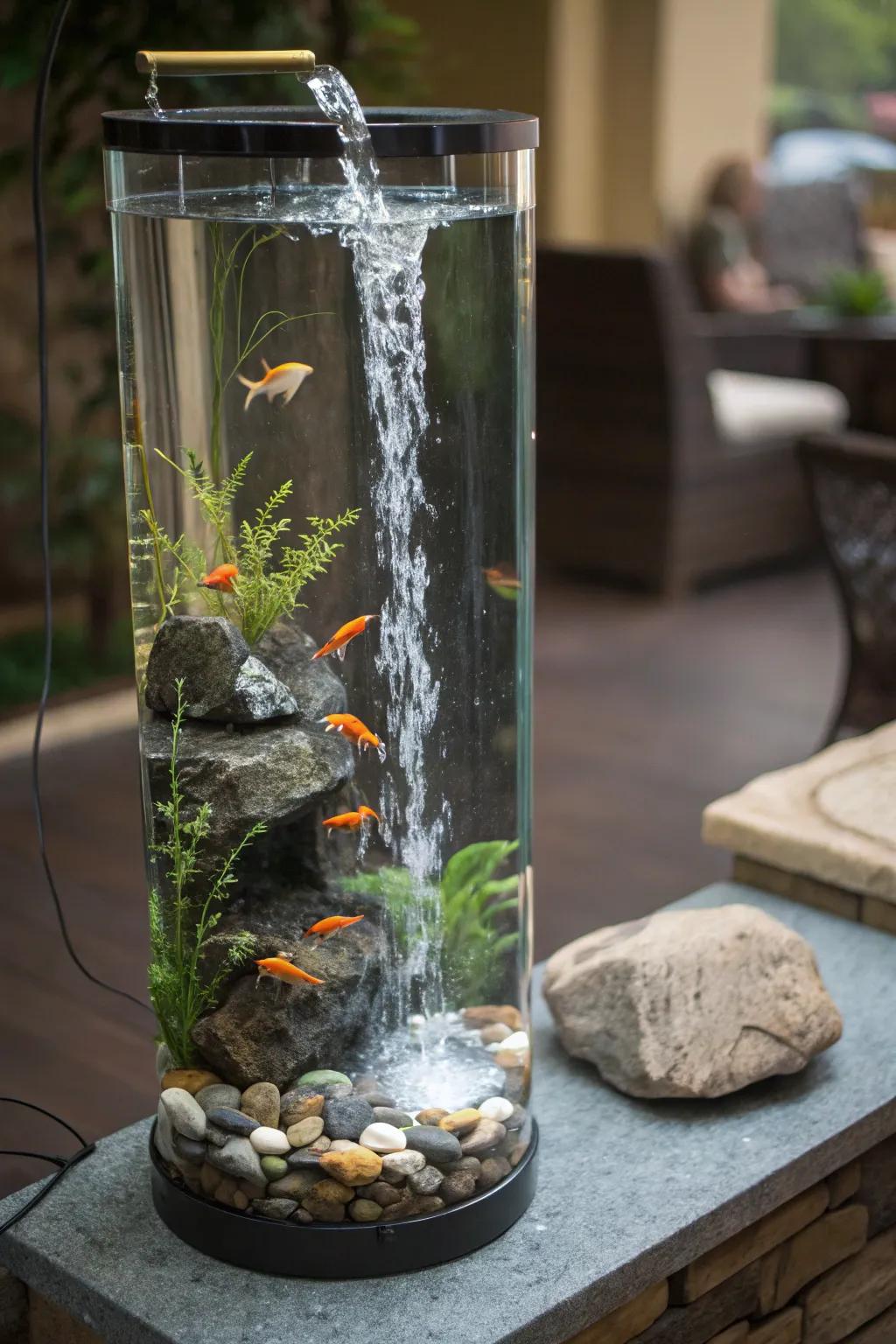 A towering tank with a tranquil zen cascade element.