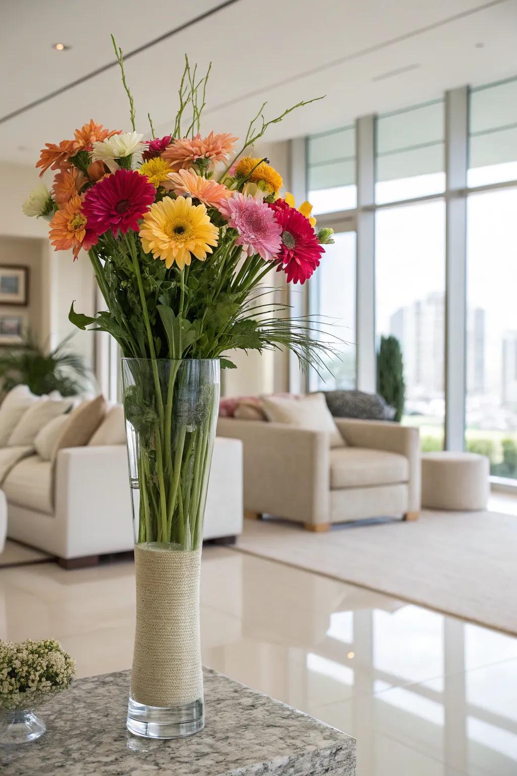 An elevated glass vase exhibiting neutral tonalities and vibrant blossoms, thereby balancing serenity and animation within a contemporary space.