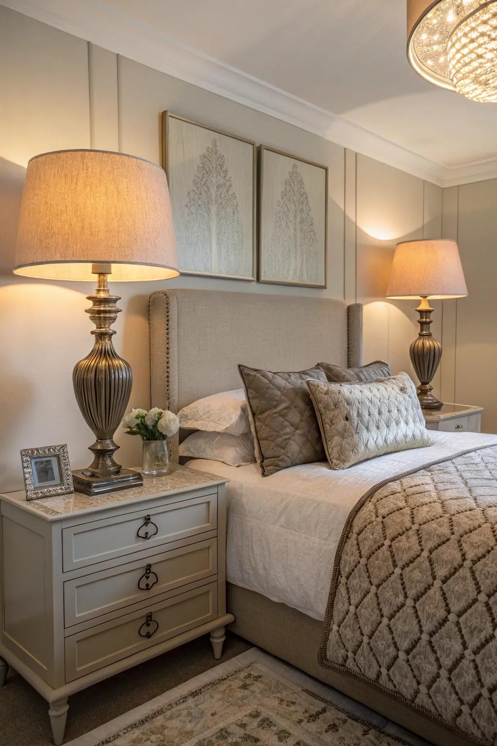 Soft brown and grey lamps delivering ambient lighting.