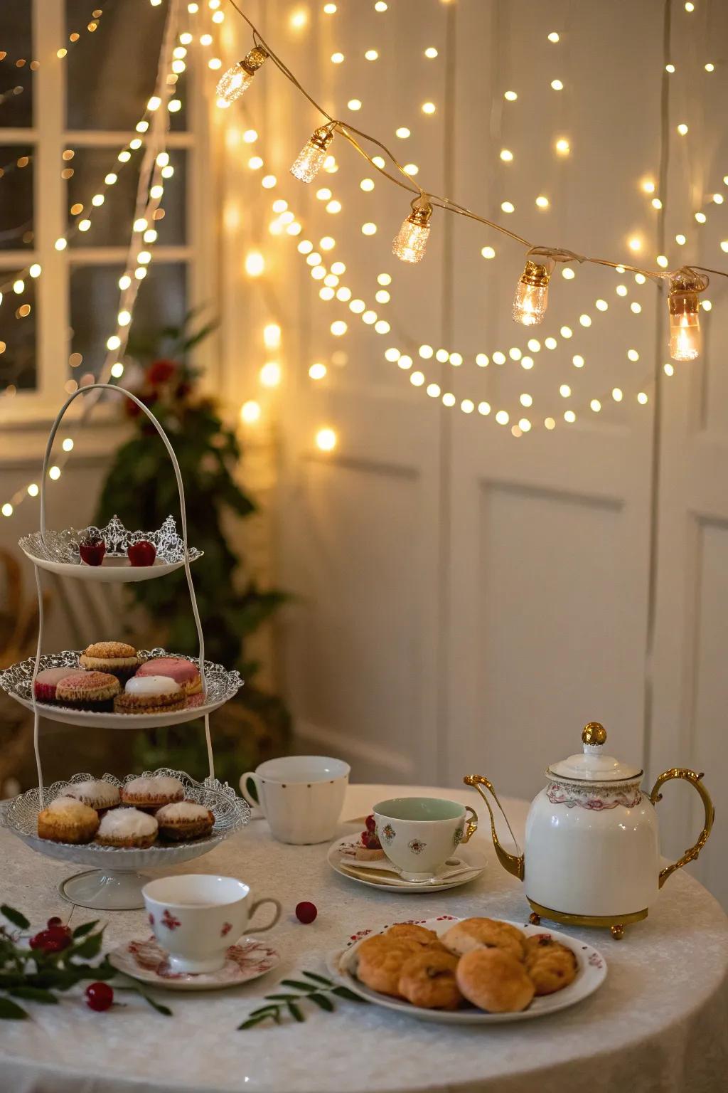 Twinkle lights create a dreamy and enchanting atmosphere for the tea party.