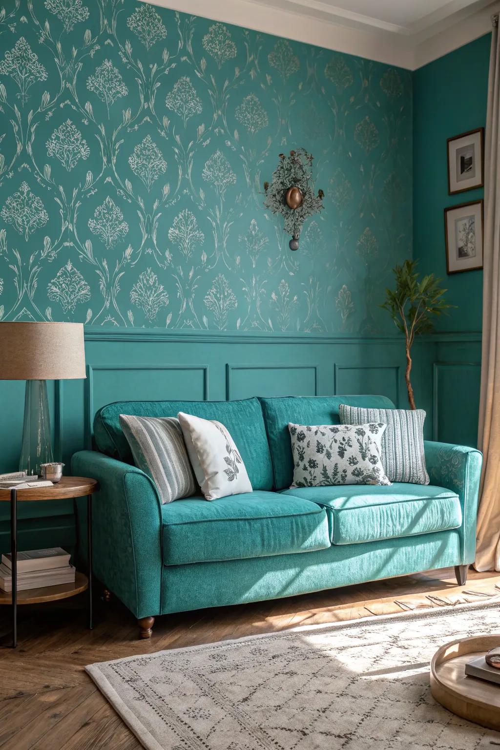 Teal wallpaper can impart depth and sophistication to your family room.