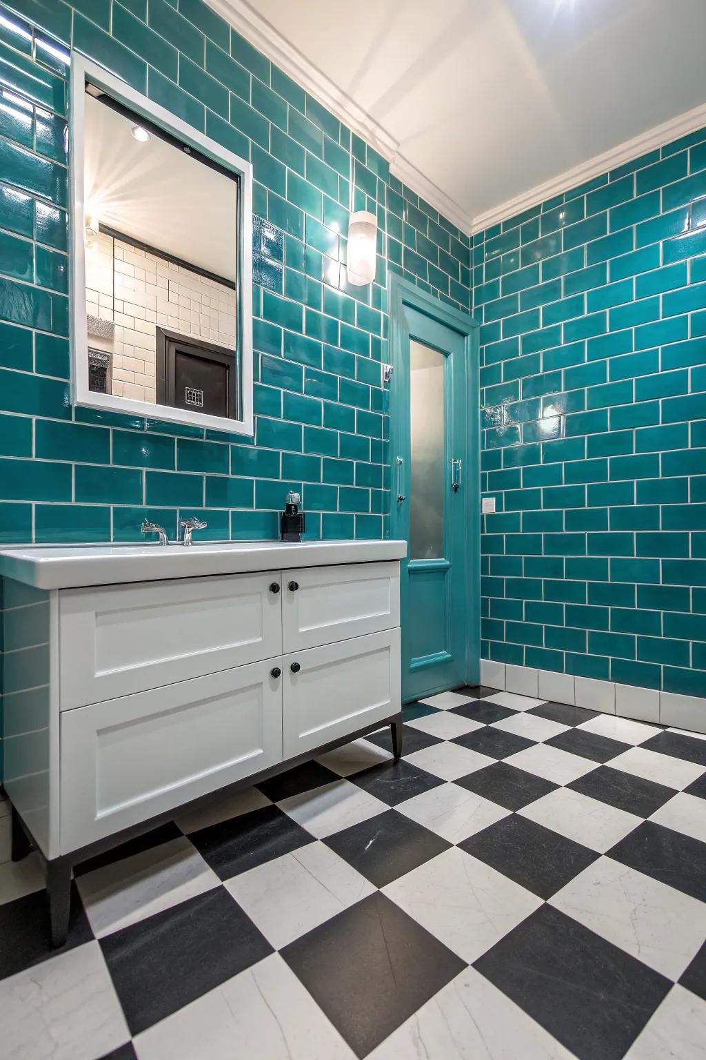 Contrasting flooring possesses the ability to enhance the aesthetic effect of teal tiling.