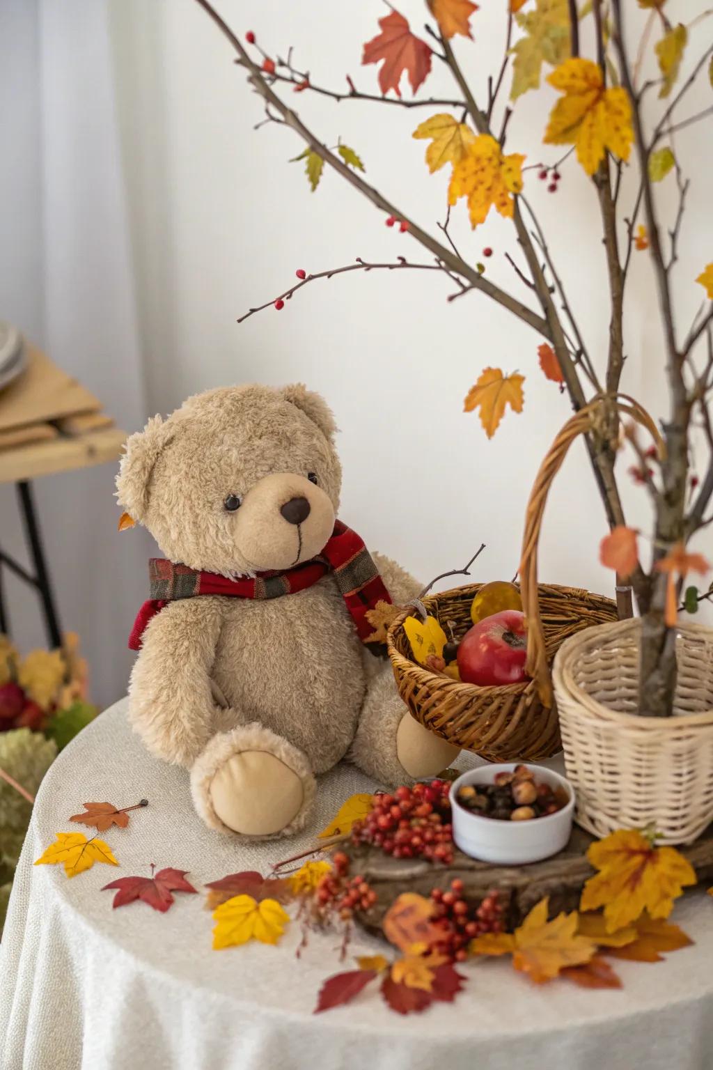 Temporal motifs elevate a cuddly bear centerpiece.