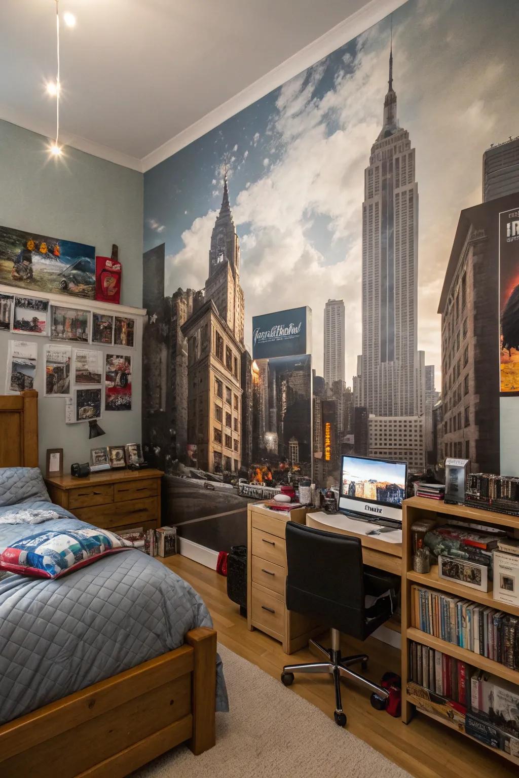 A dramatic wall mural featuring an urban skyline adds impact to this teen boy's room.