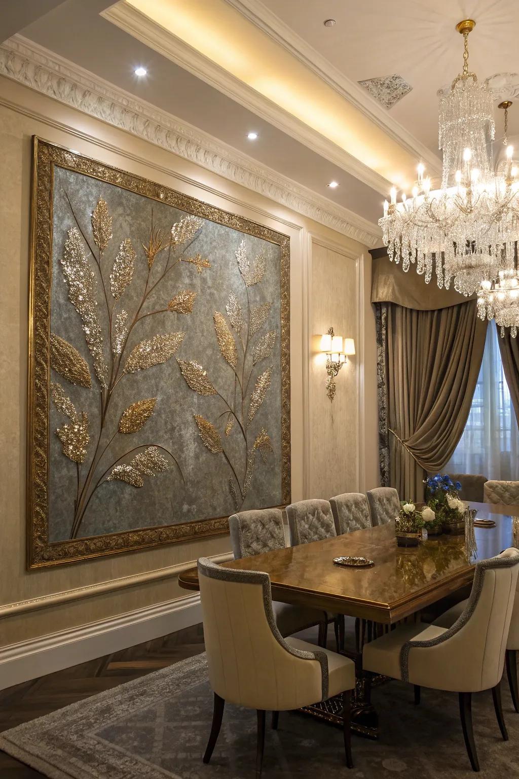The dining room is made more opulent by the metallic accents in this textured painting.