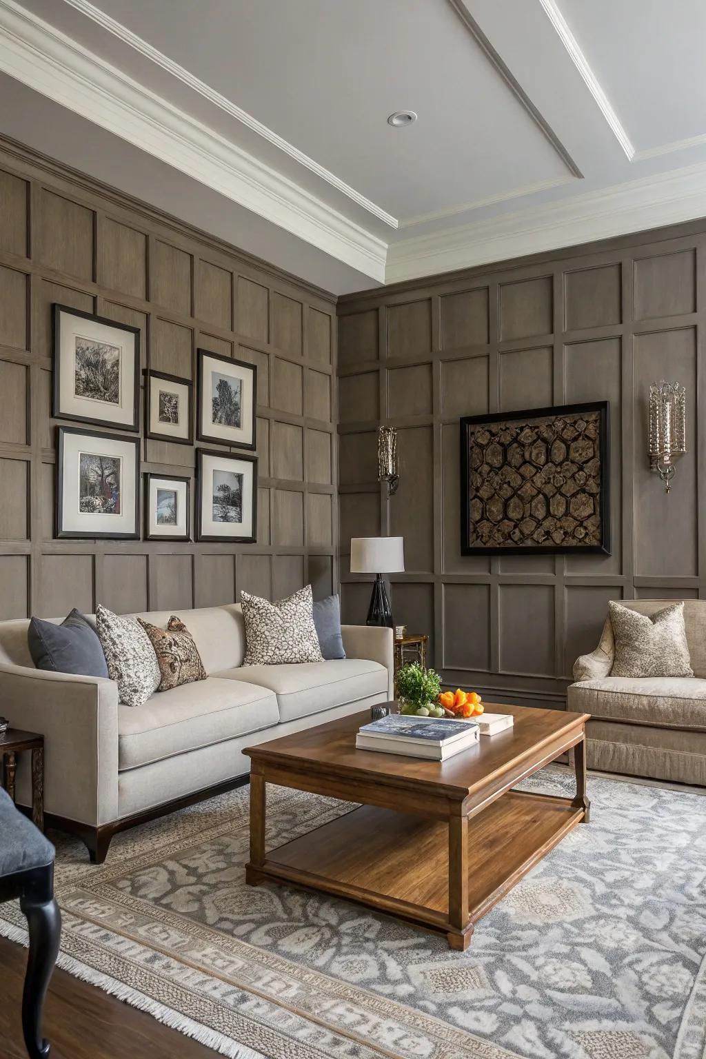 A living space featuring board and batten wall texture.