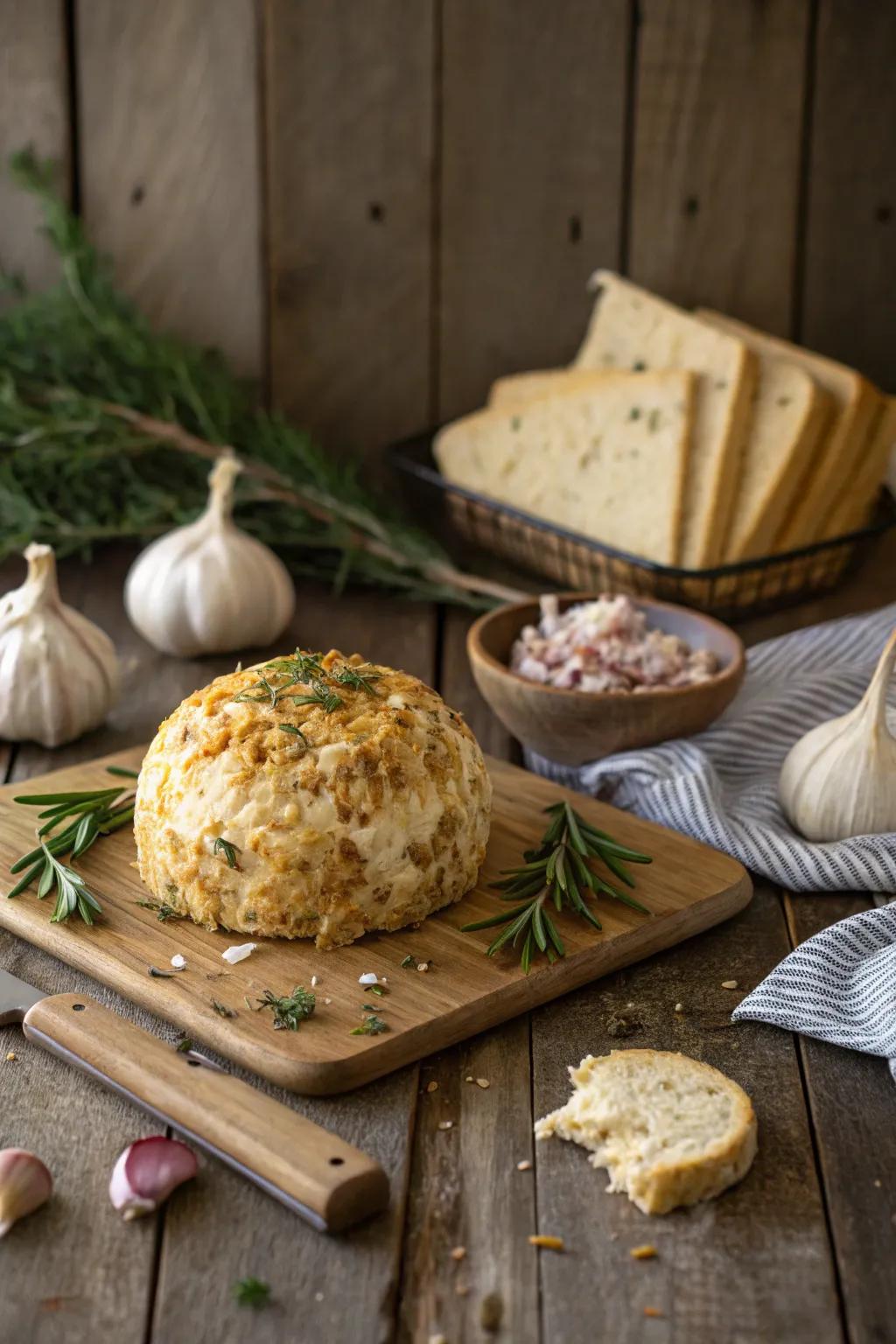 A caramelized onion and garlic cheese ball, promising a gourmet experience.