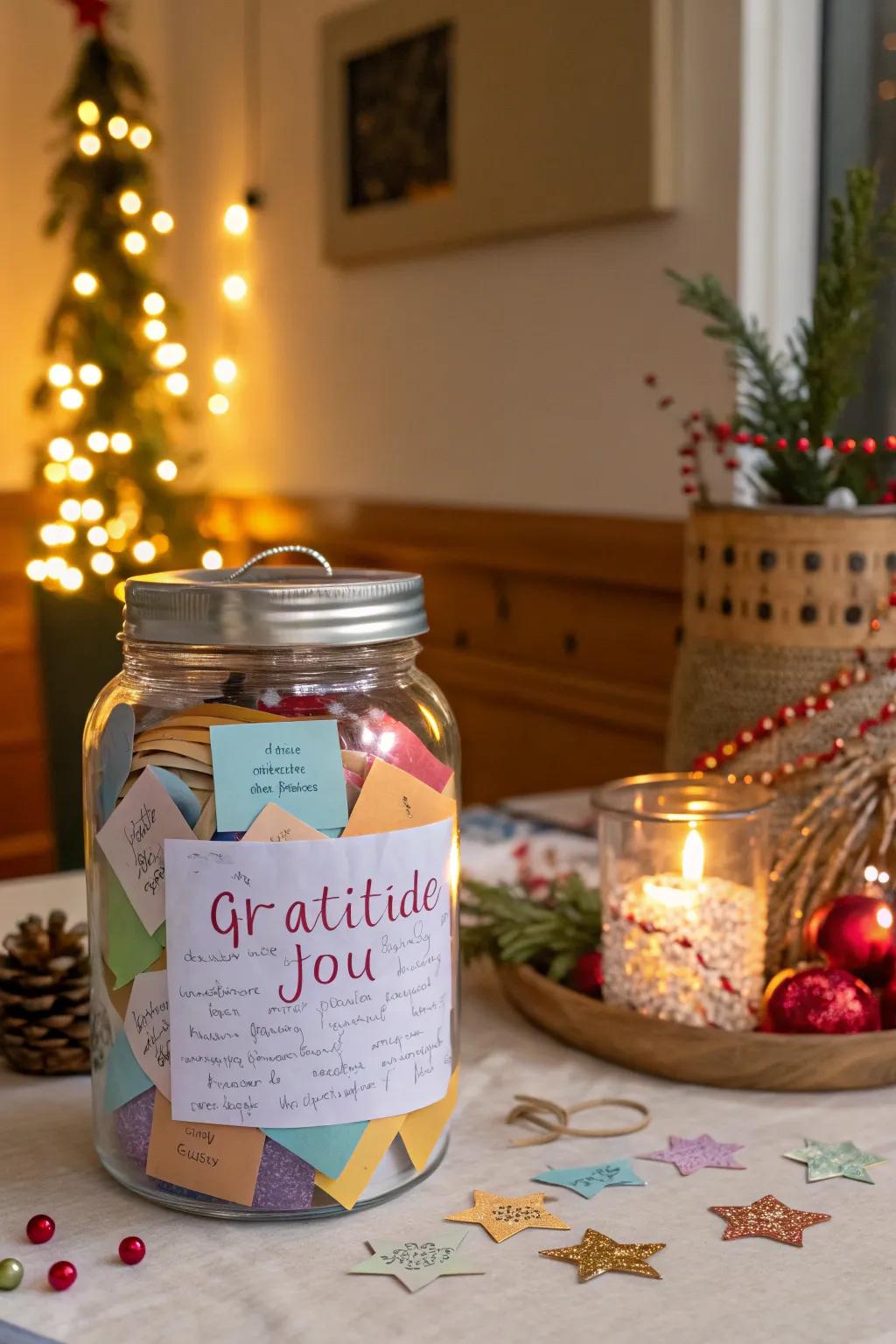 A thankfulness pot overflowing with thoughts and thanks.