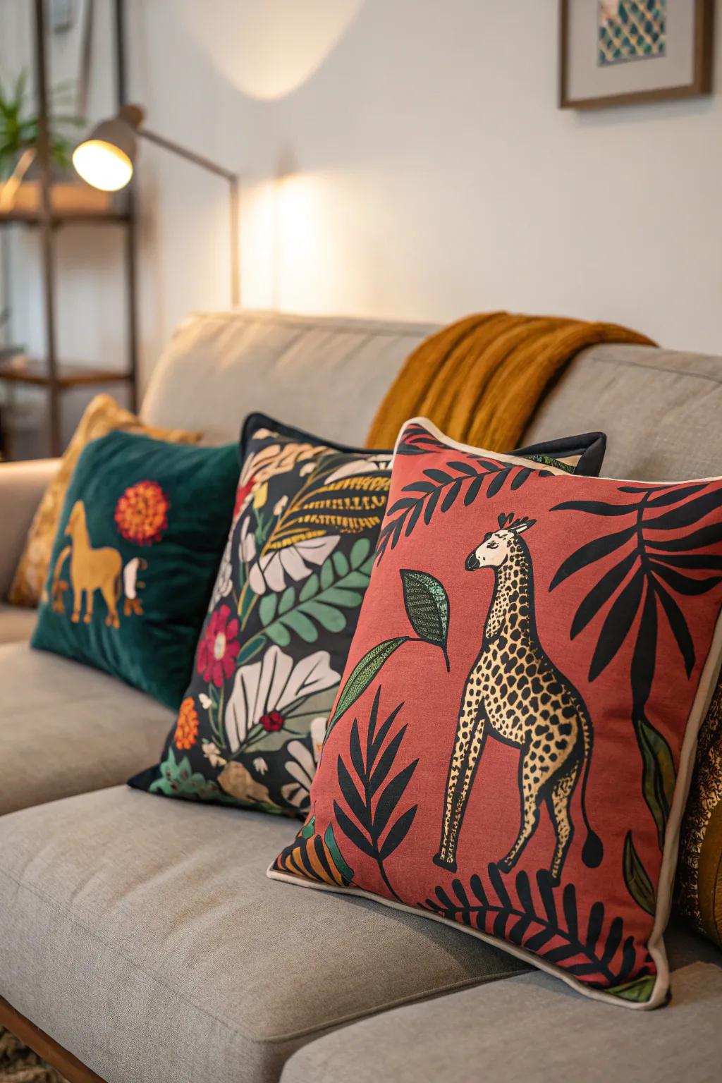 A bold and dramatic flair with animal and abstract print cushions.