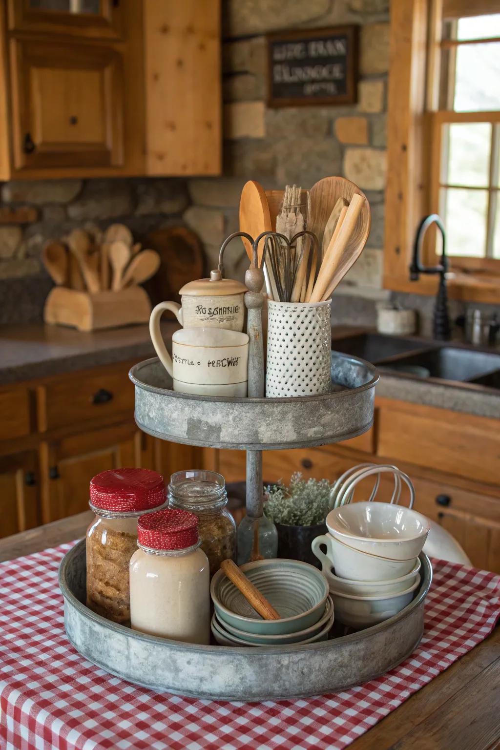 A rustic-themed tiered tray is rich with vintage charm.