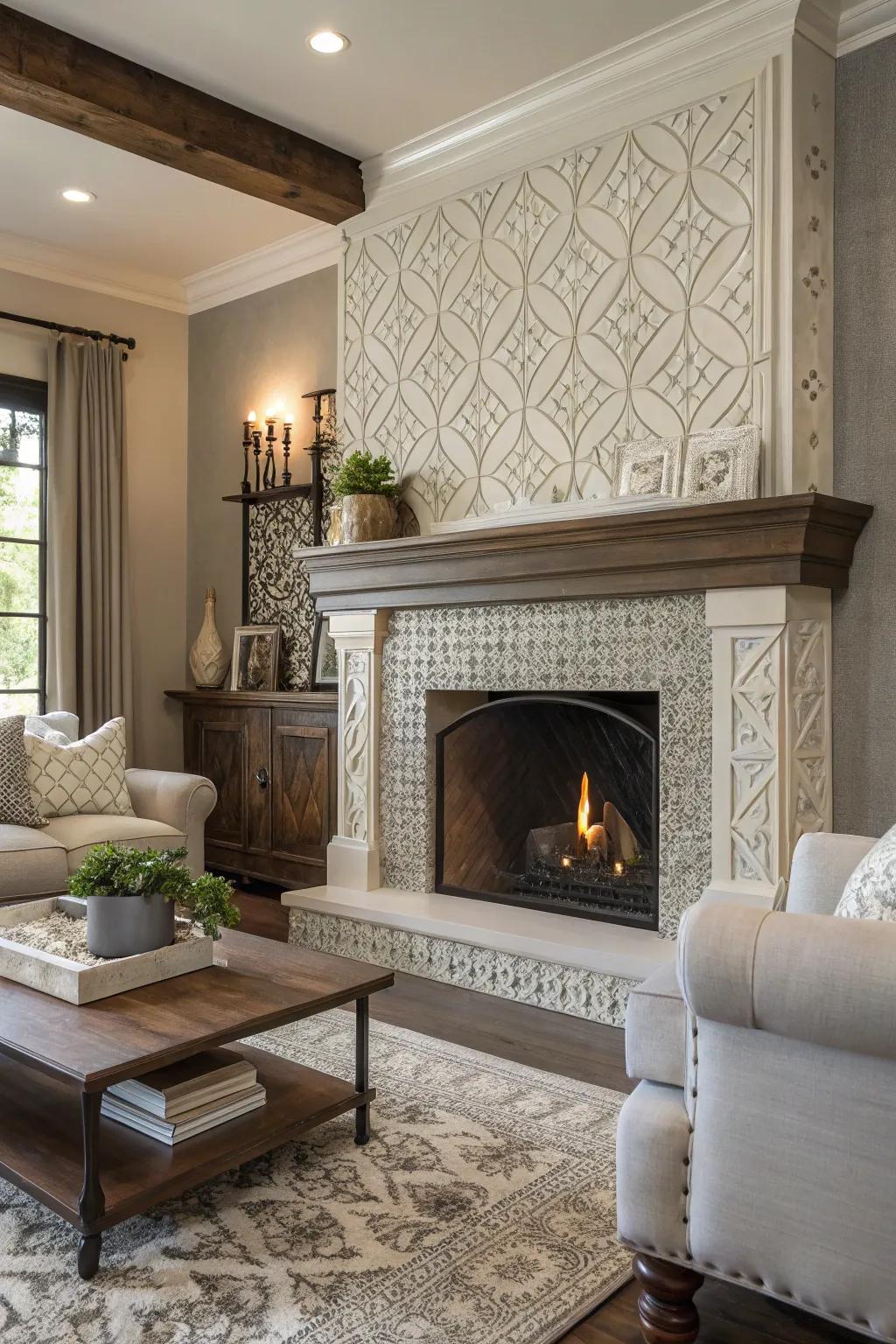 Textured tiles contribute an elegant dimension to this fireplace.