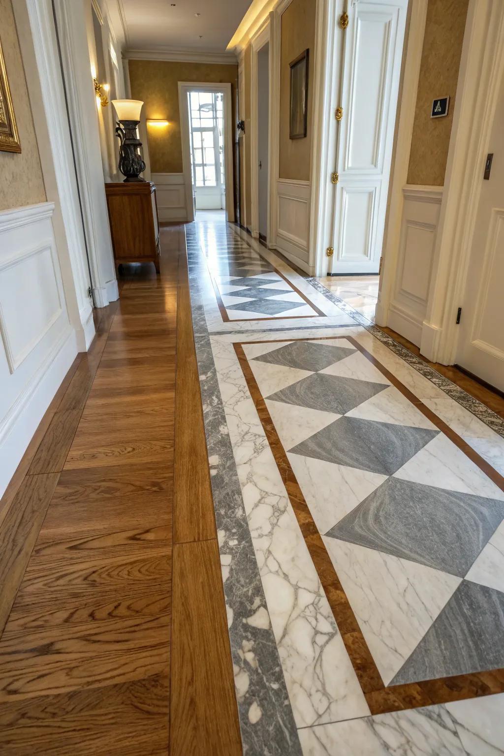 Two-tone marble tiles fashion a sophisticated transition.