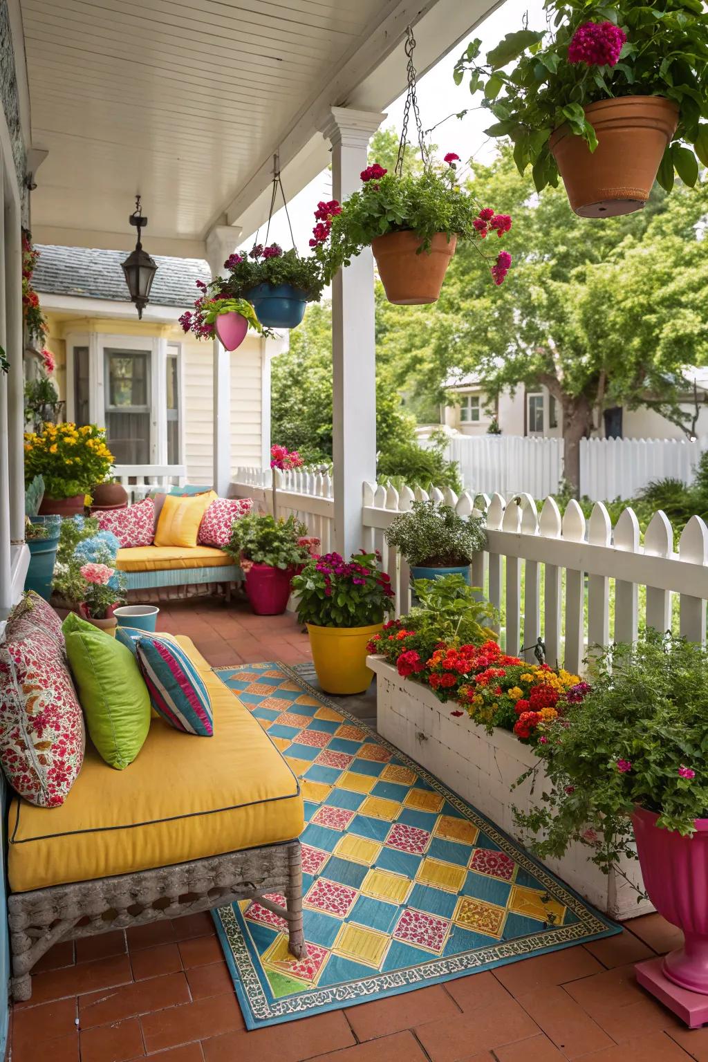 Brightly colored tiles create a playful and cheerful atmosphere on this porch.