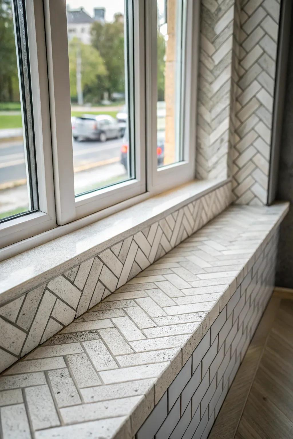 Herringbone patterned tiles introduce a vibrant and fascinating aspect to this windowsill.