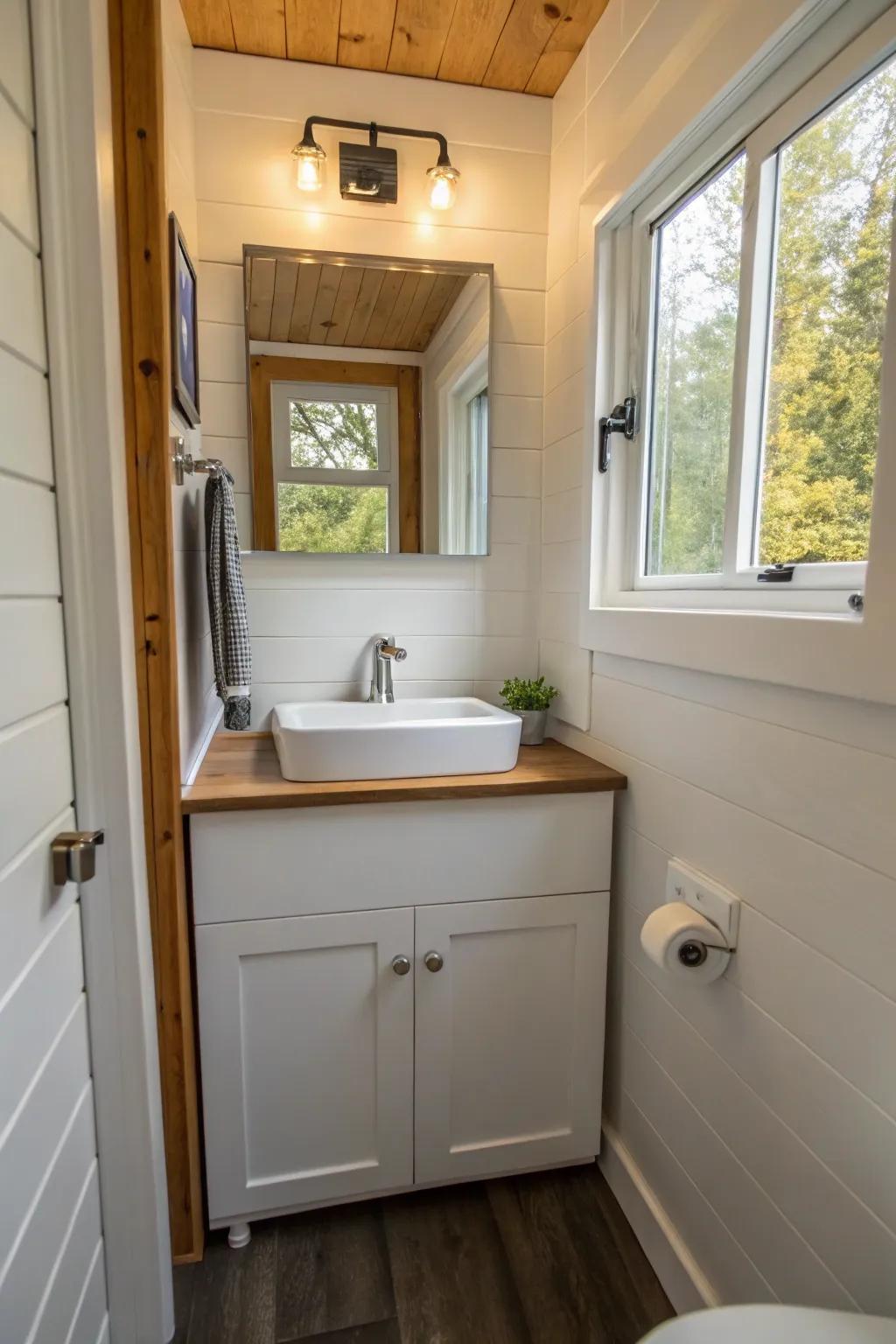 A small washbasin design maximizes area efficiency.