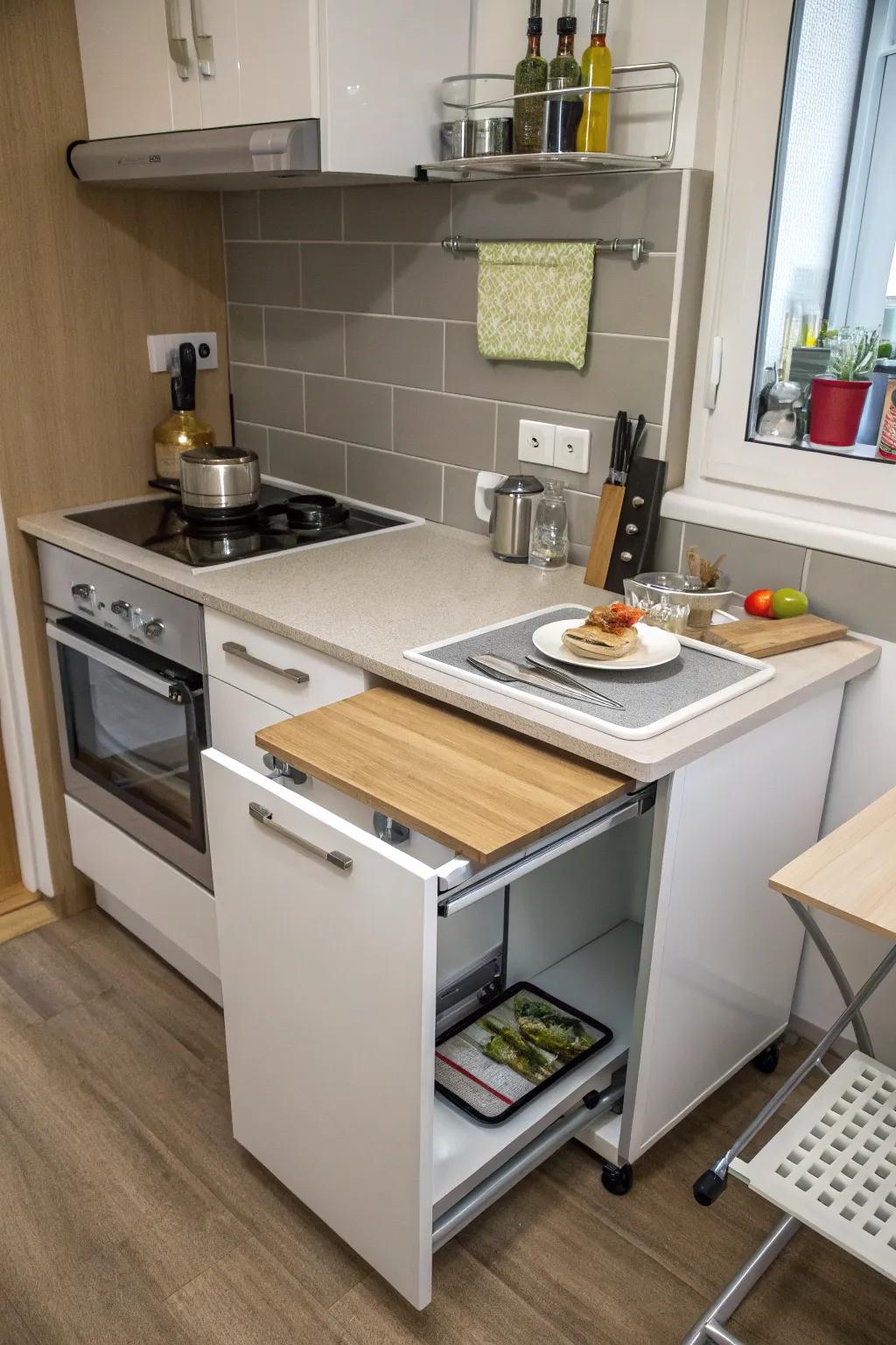 Extending countertops offer practical workspace solutions in a small kitchen.