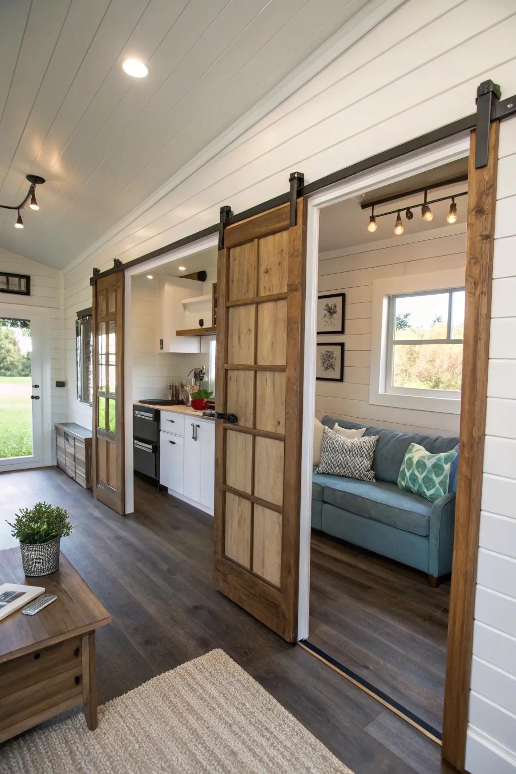 Pocket doors within a petite dwelling optimizing area effectively