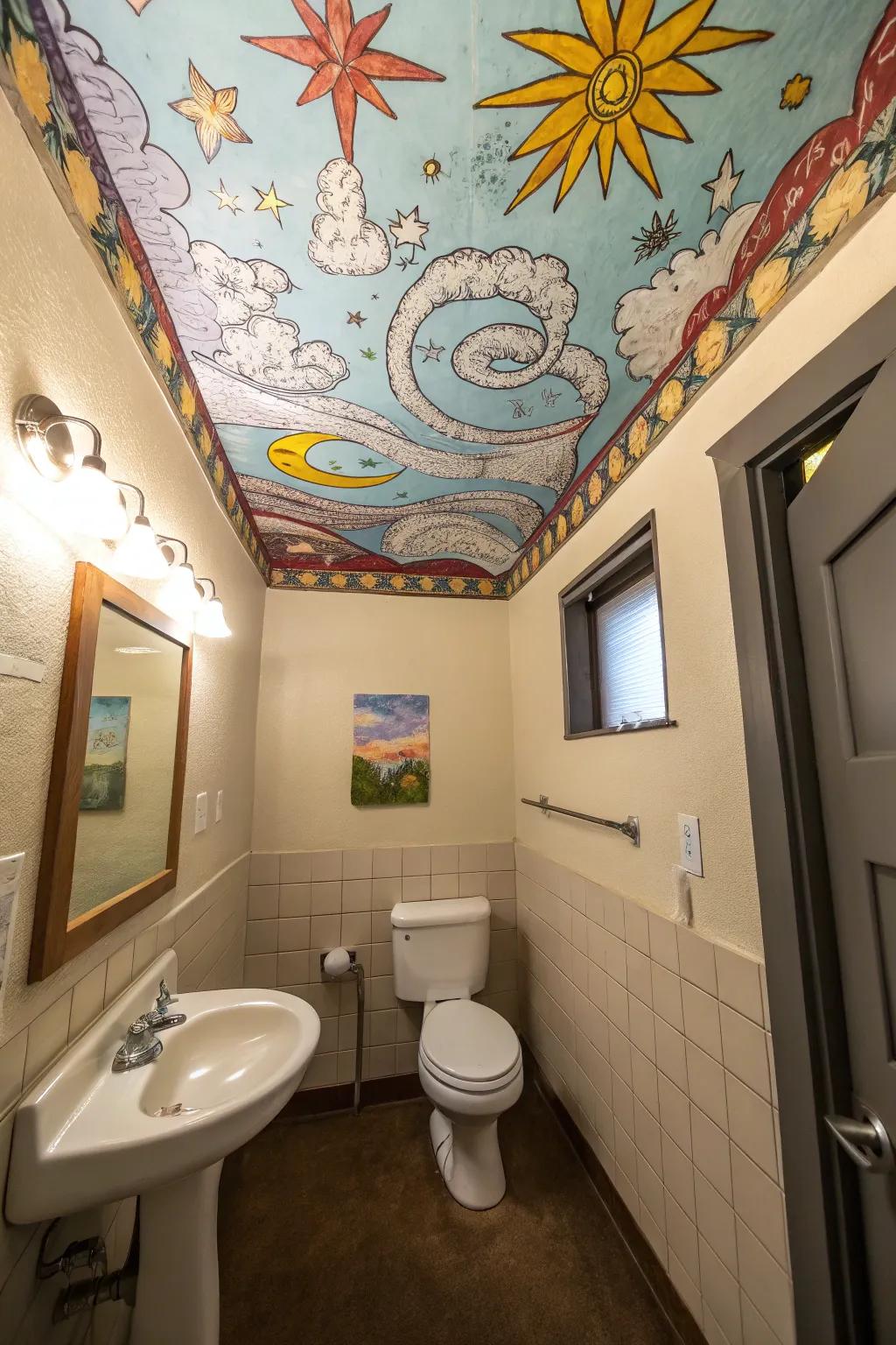 An inventively designed ceiling contributing intrigue to a lavatory.