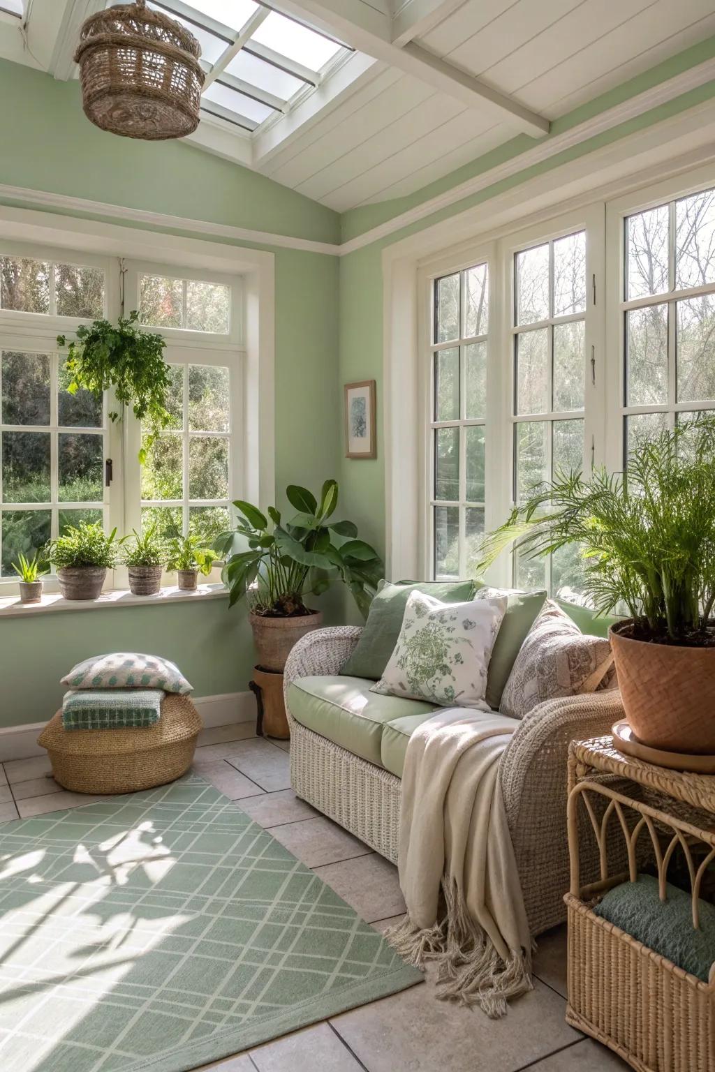 Meadow green walls bringing a subtle and calming presence to the sunroom.