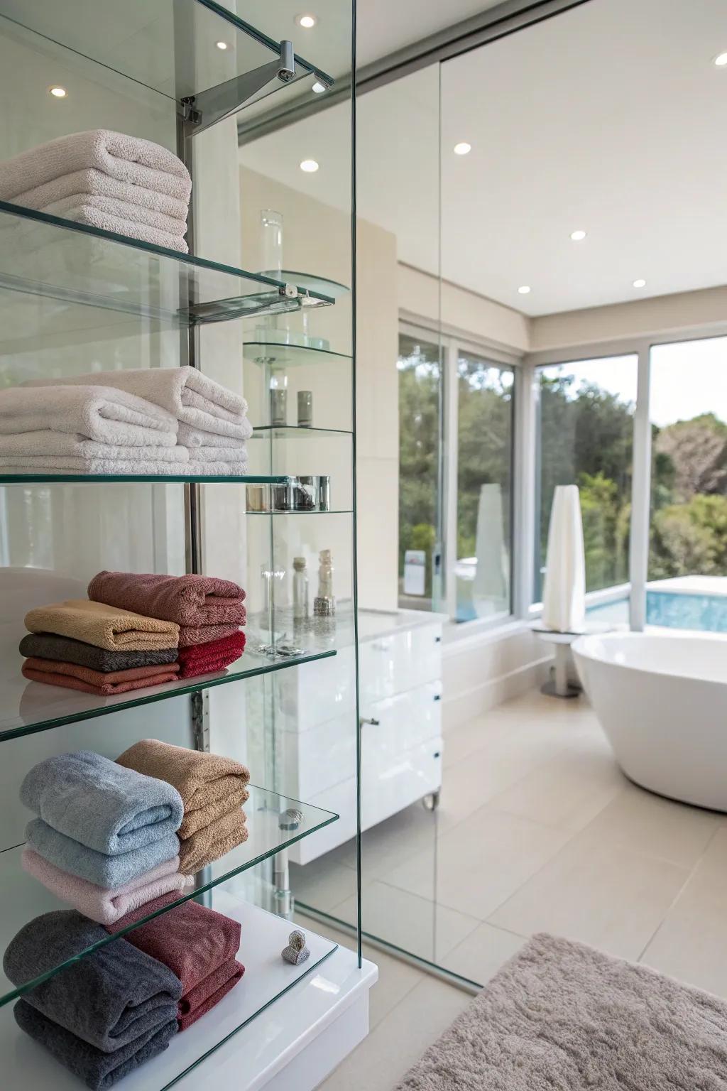 Glass shelves present an airy storage amenity.