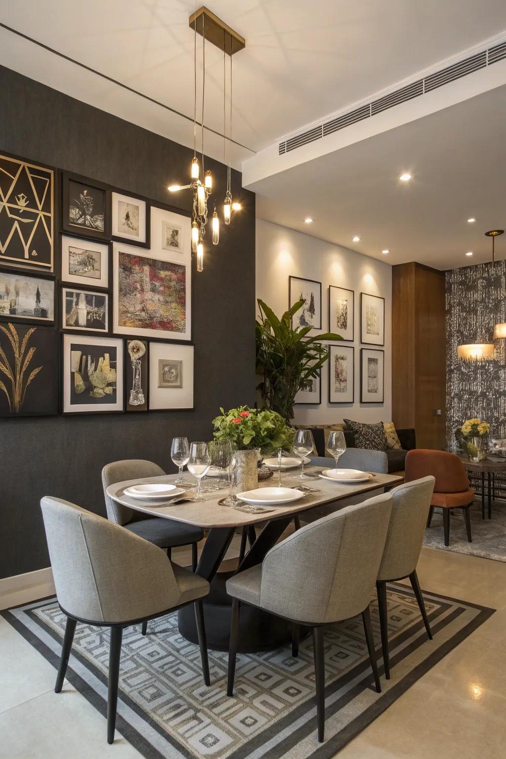 Dining area featuring a striking focal wall