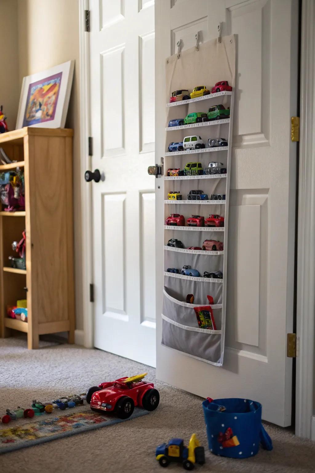 Suspended organizers uphold the arrangement and accessibility of smaller playthings.