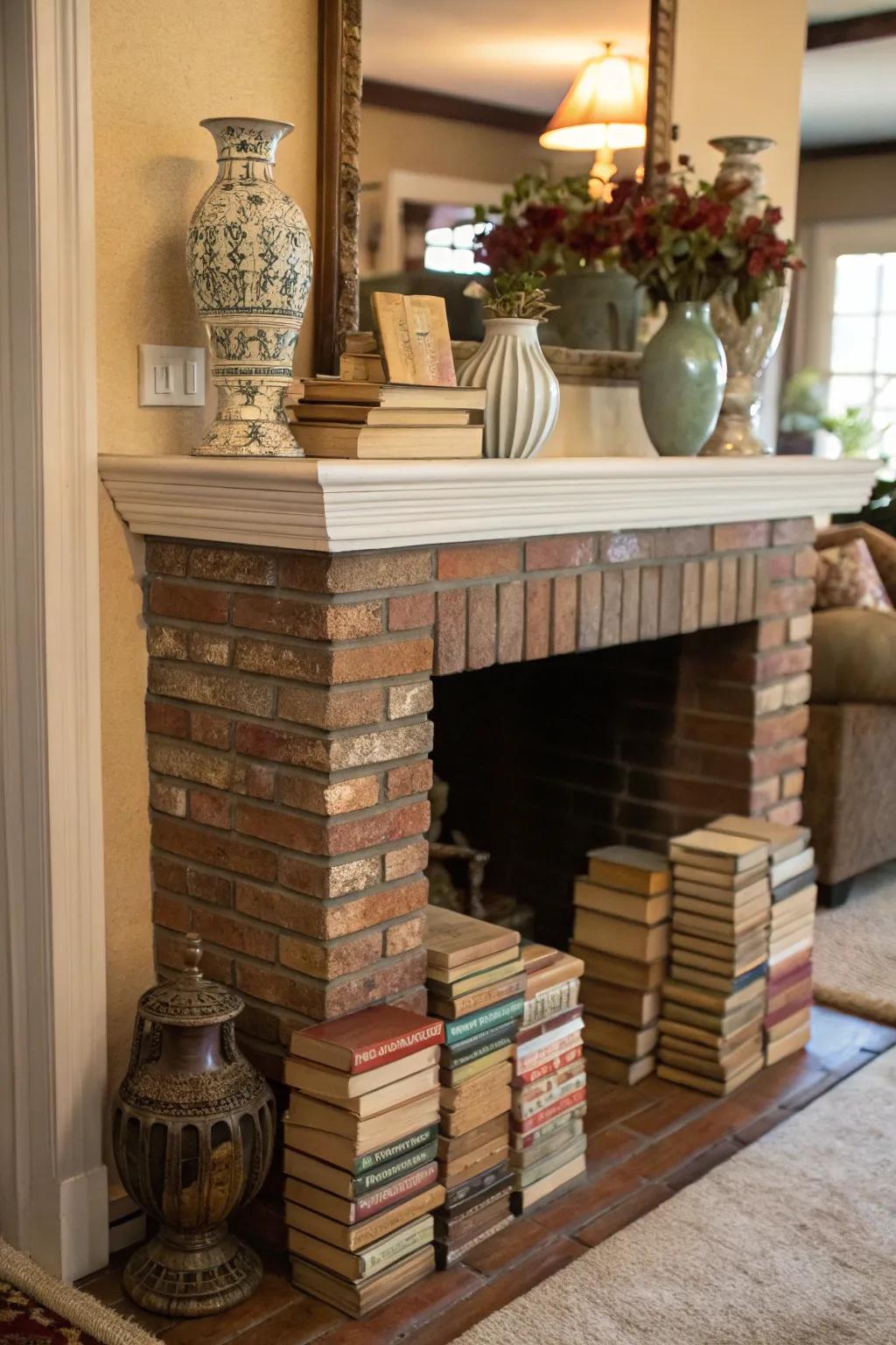An empty fireplace evolves into an artistic feature.