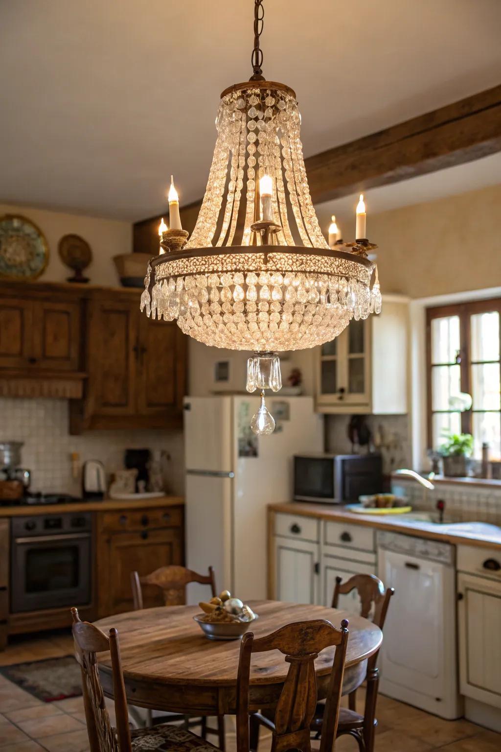 A chandelier adds a touch of luxury and elegance.