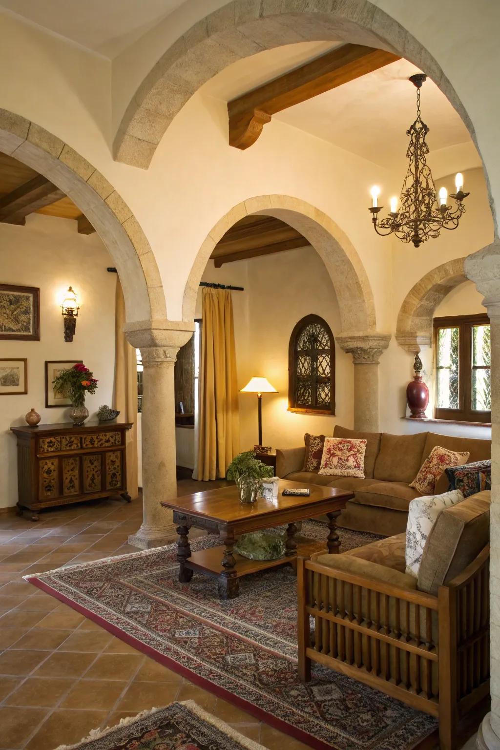 Architectural elements introduce grandeur to this traditional relaxation space.