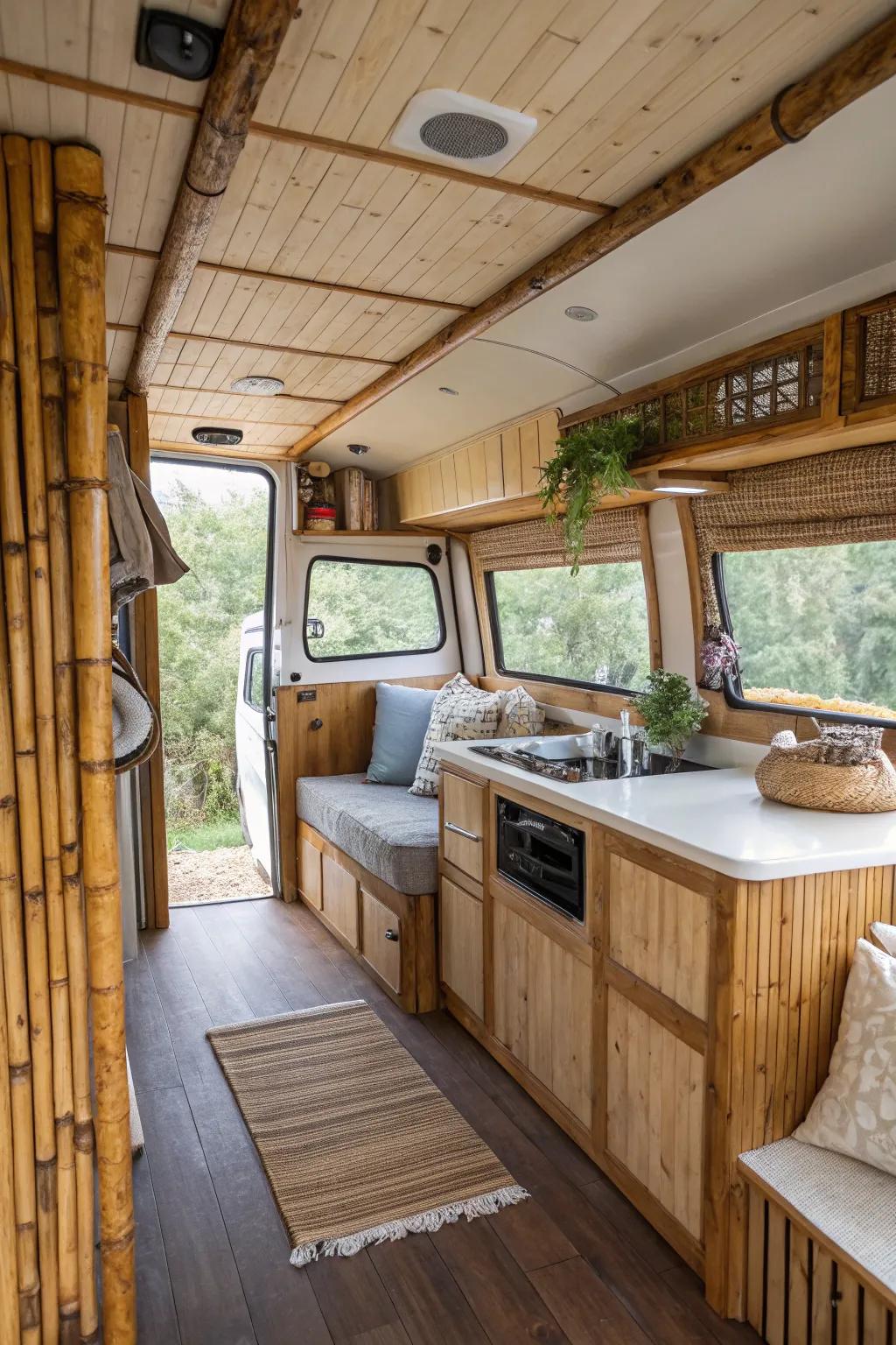 A camper decorated with bamboo and repurposed wood, showcasing eco-conscious design.
