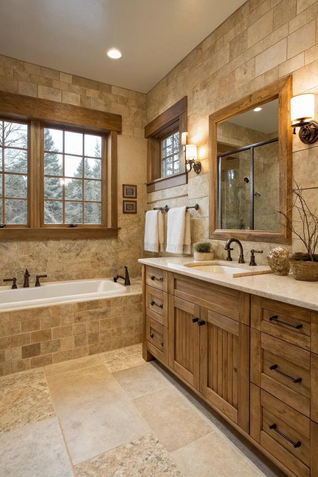 A travertine bathroom blending rustic charm with modern design elements.