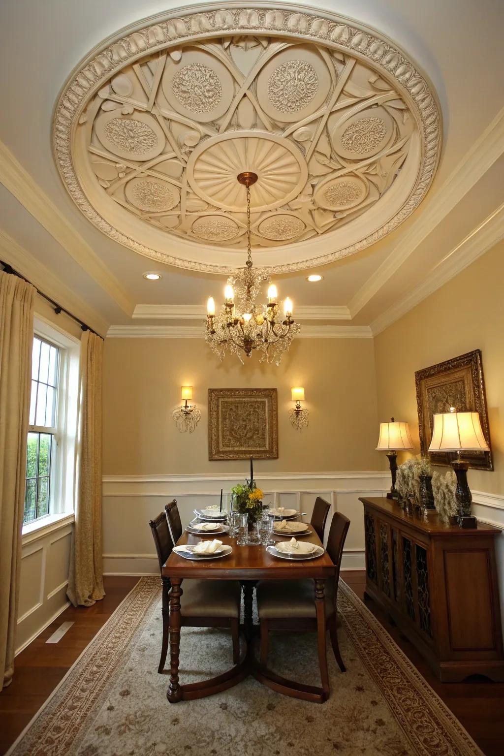 A dining room featuring a decorative ceiling medallion in the tray ceiling.