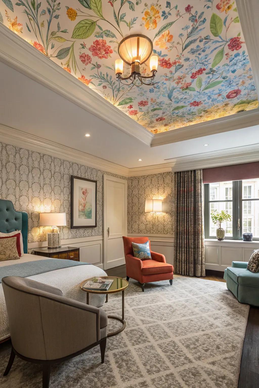 A stylish room showcasing a tray ceiling with colorful wallpaper.
