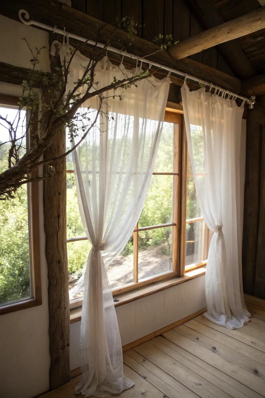 Country-style window design showcasing a rod crafted from a branch.