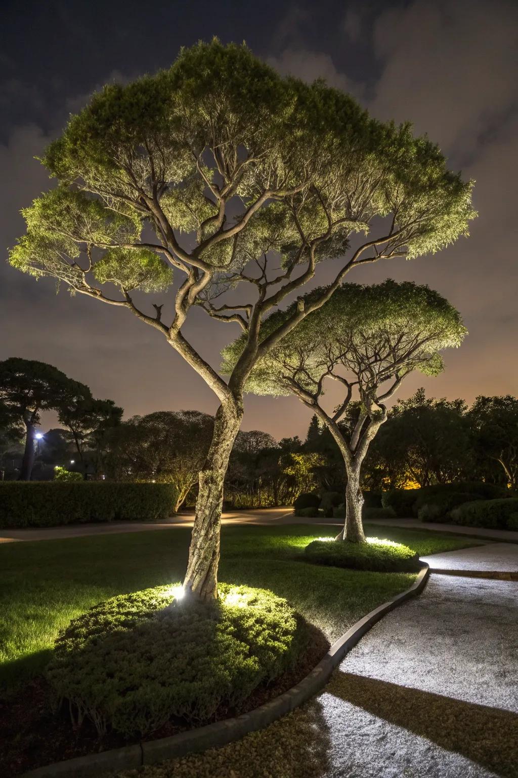 Establish a dramatic focal point by highlighting a pair of trees.