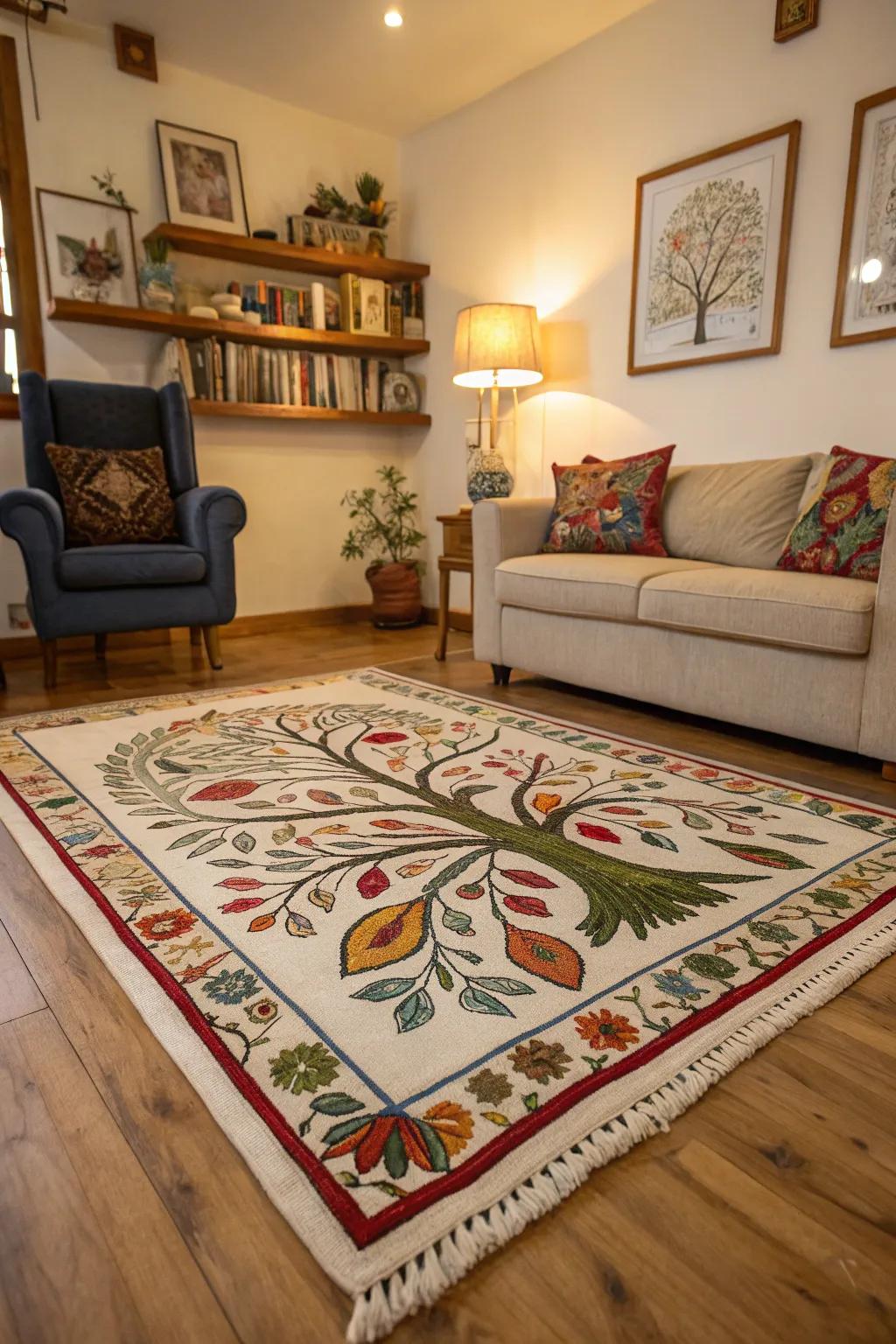 Arbor Vitae rug adds warmth and design to a comfortable family room.