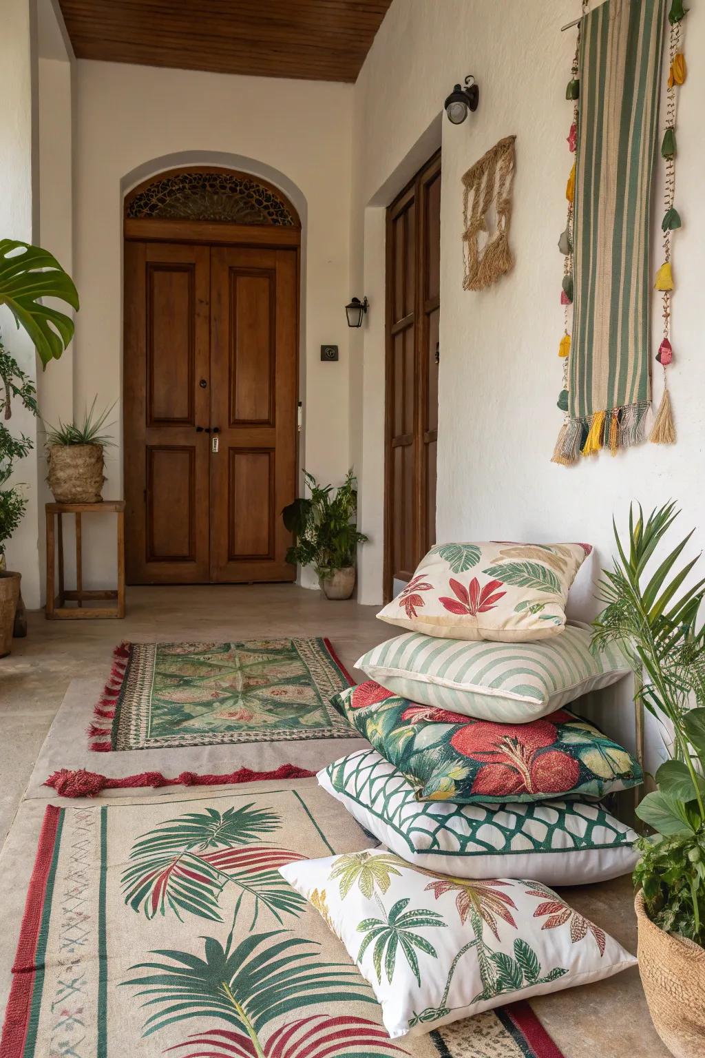 Overlaying fabrics add depth and warmth to your entryway.