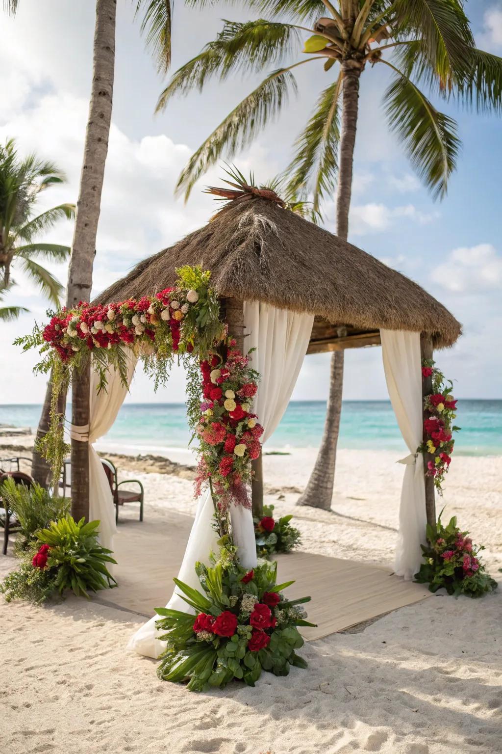 A tribal house arch that brings island vibes to your wedding.