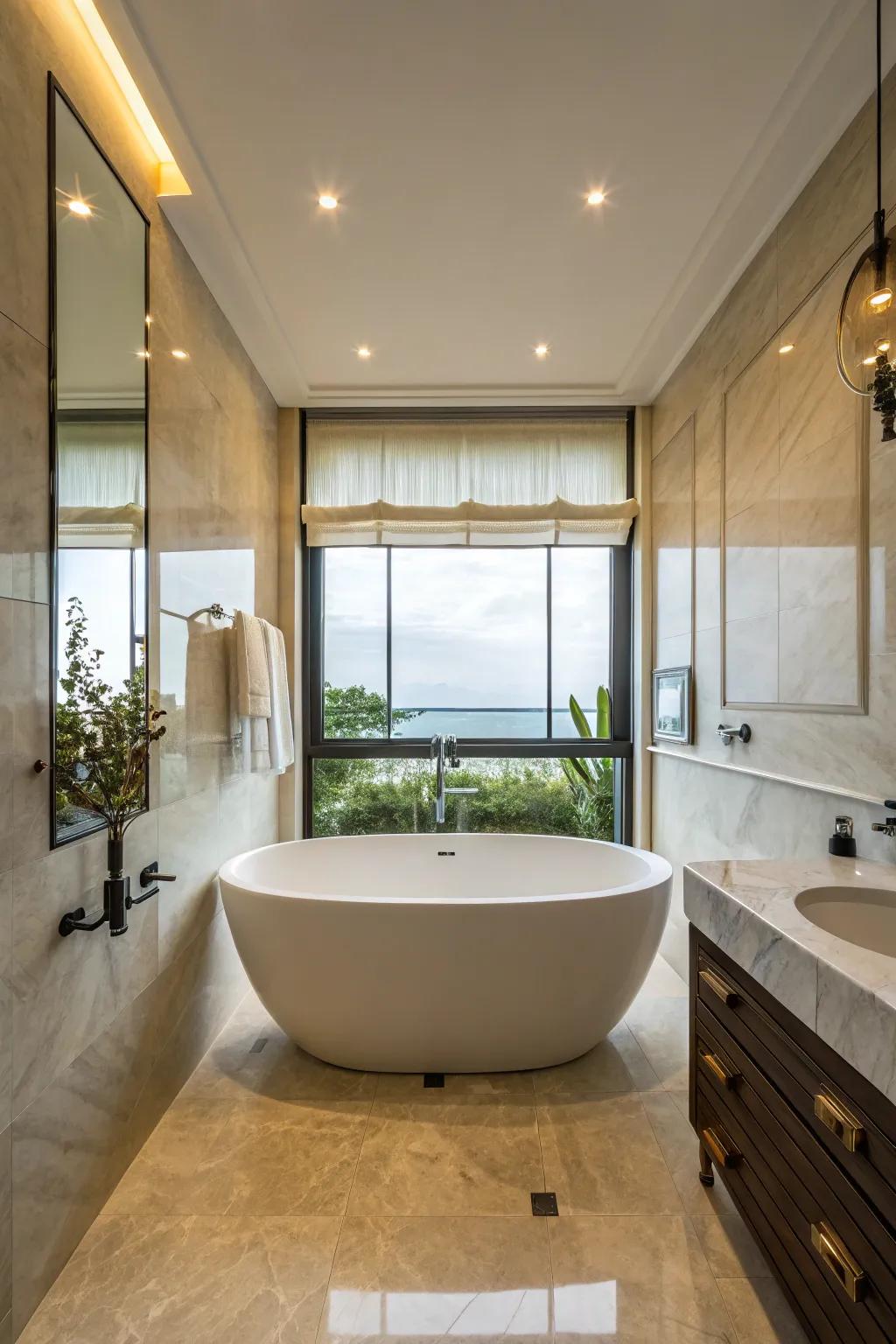 A circular tub appends a distinct and contemporary impression to the bathroom.