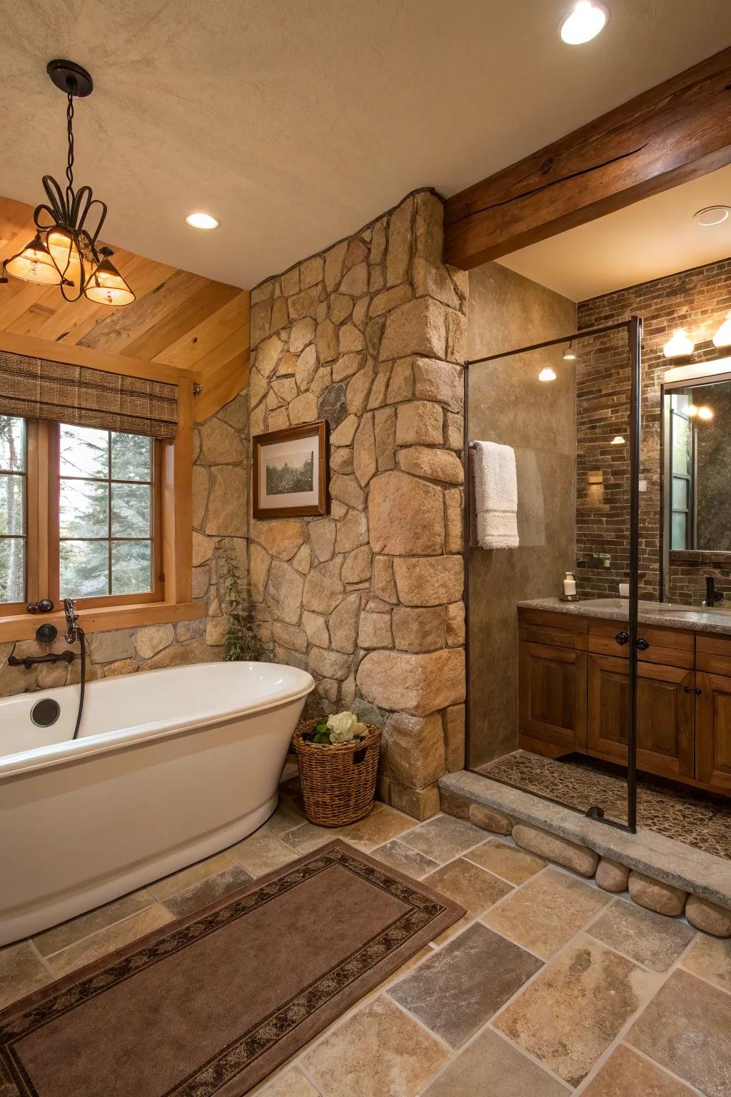Rustic stone elements contribute earthy charm to a modern tub-in-shower setup.