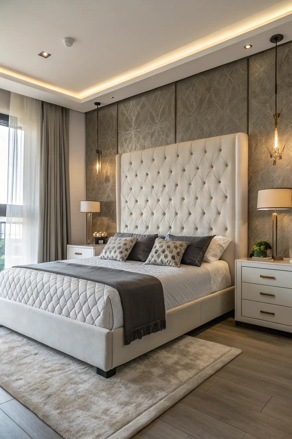 A contemporary bedroom showcases a monochrome tufted headboard.