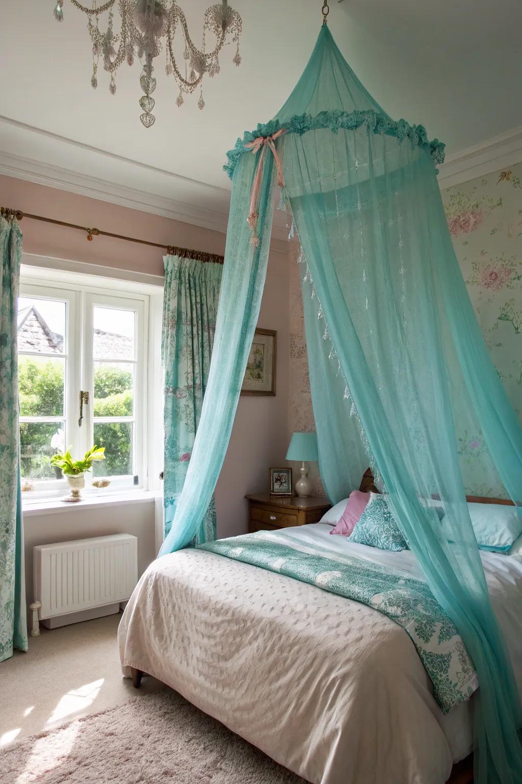 A turquoise canopy metamorphoses this bed into an idyllic sanctuary of dreams.