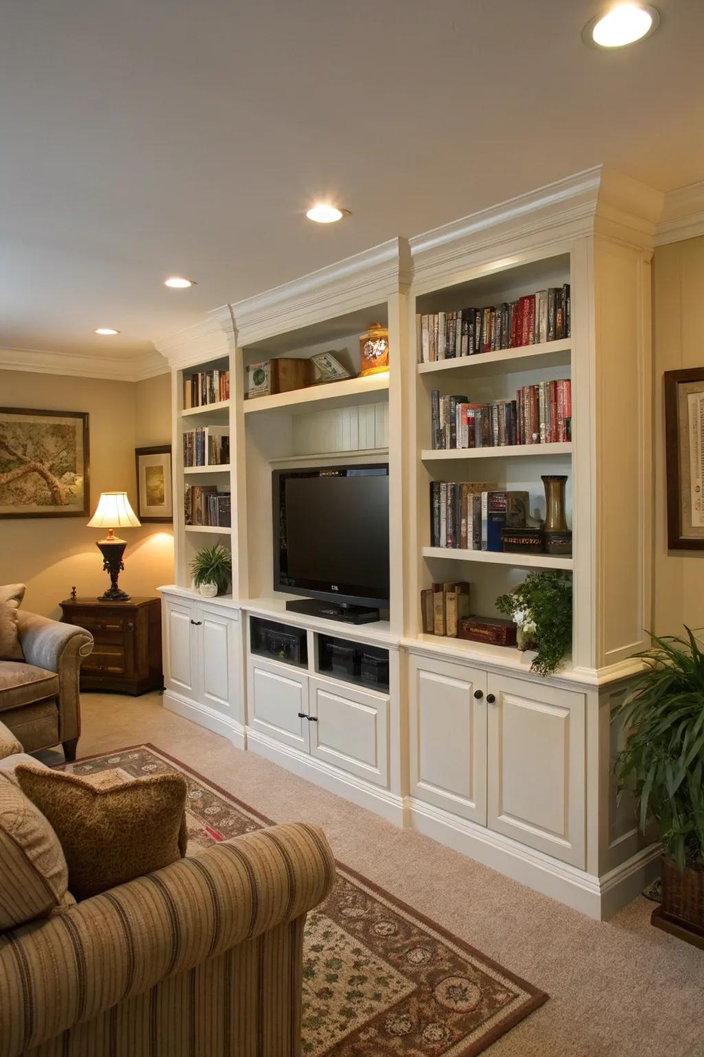 A built-in bookcase envelops the TV, cultivating a library-like ambiance.