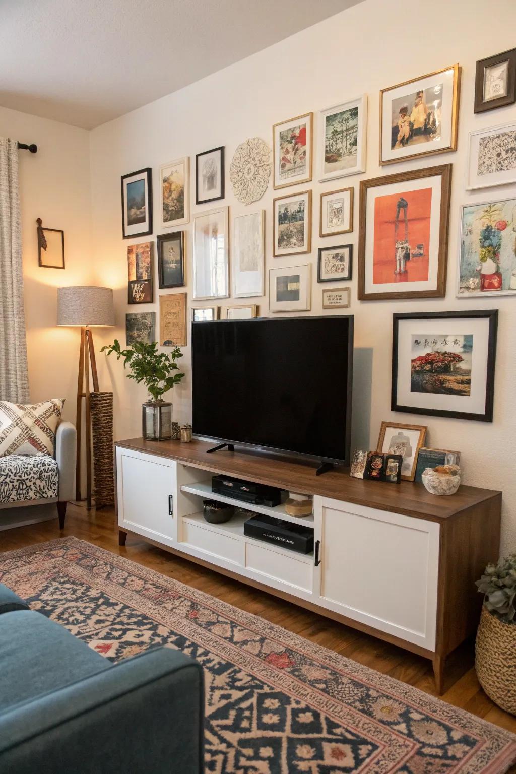 Surrounding eclectic wall design surrounding the entertainment console.