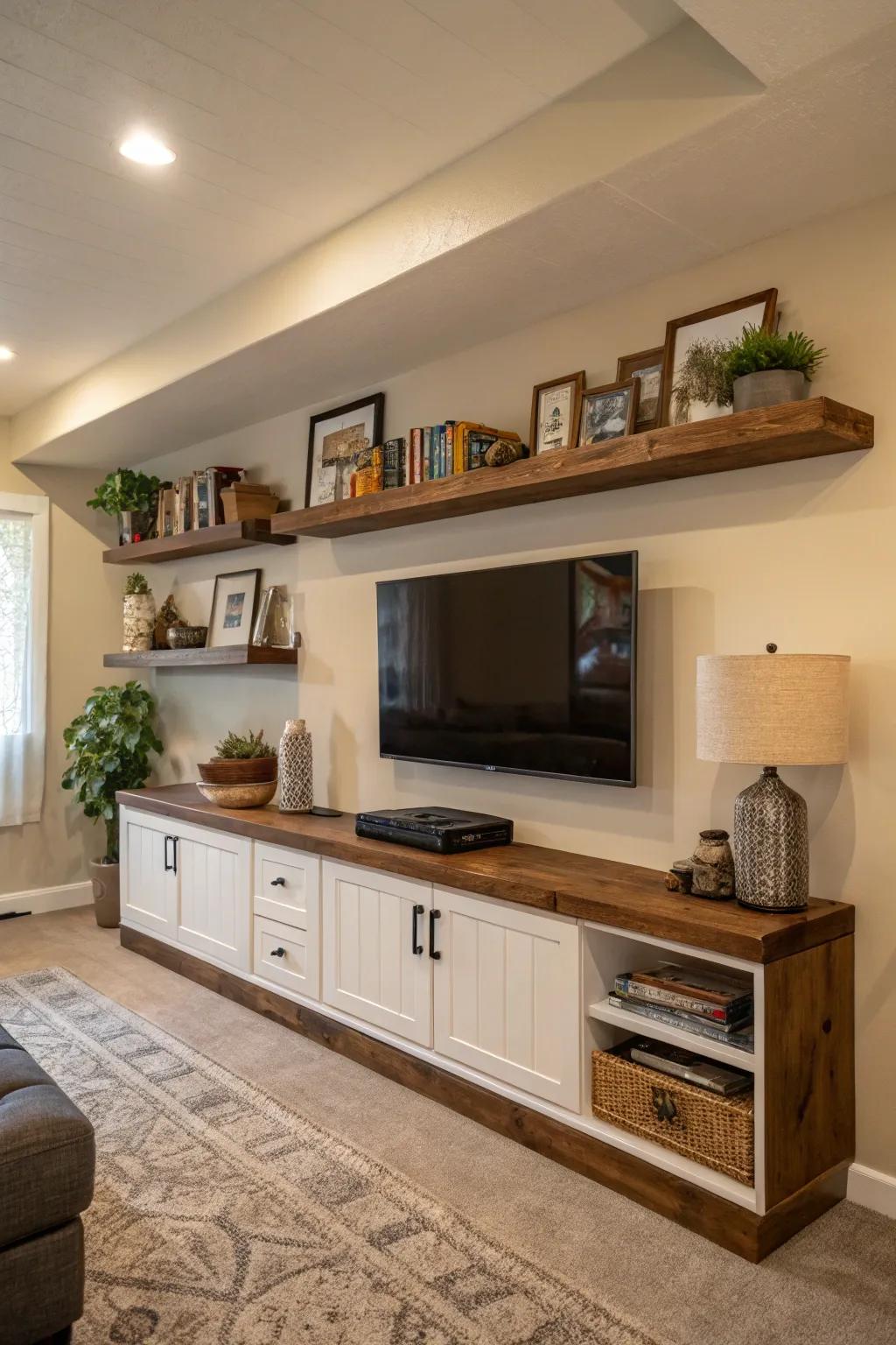 A TV setup enhanced with floating shelves to impart an airy and spacious feel.