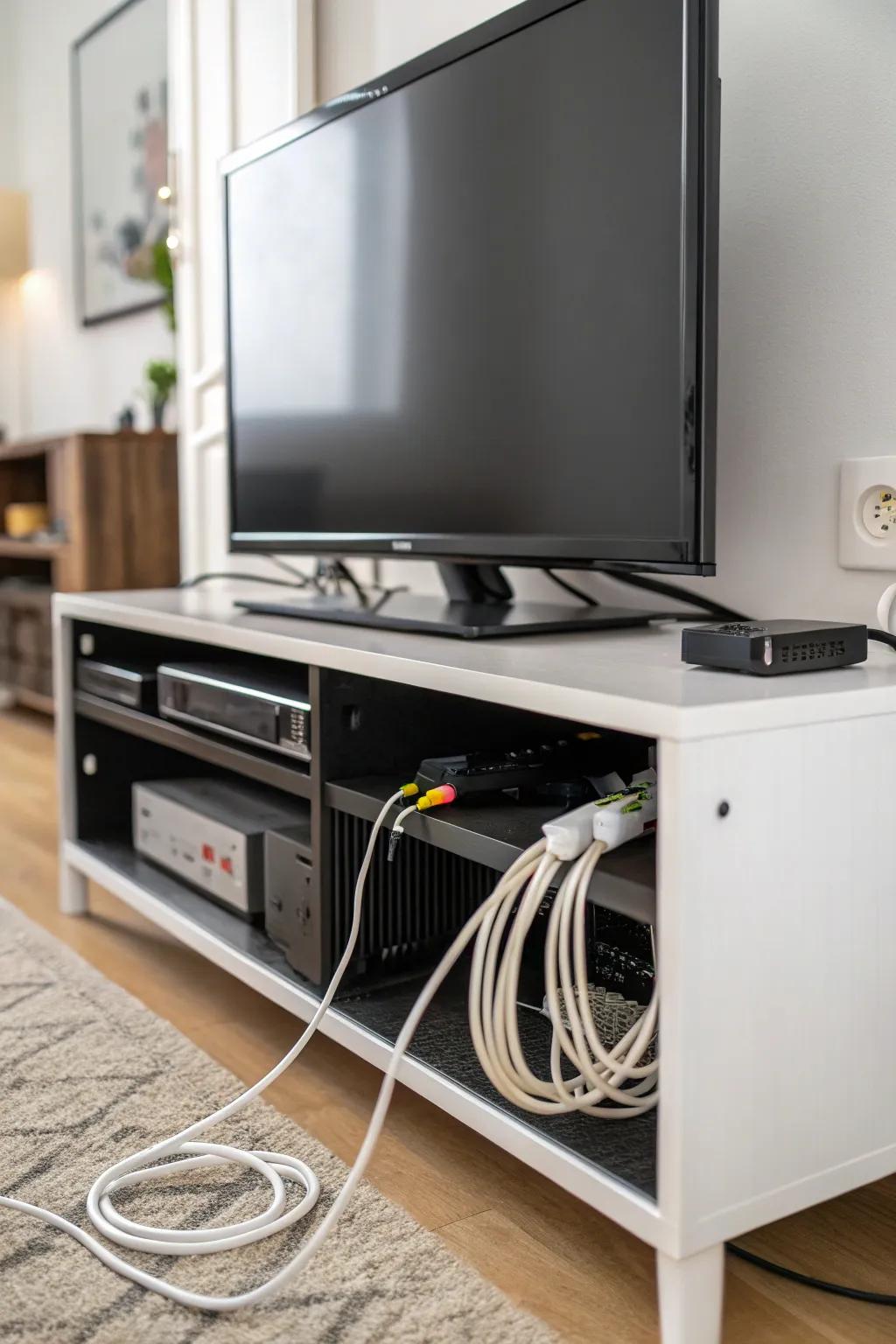 Clever cord management keeps your TV stand tidy.
