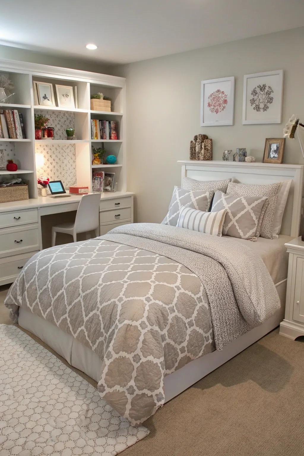 Sophisticated bedding elevates the style and comfort of a tween's bedroom.