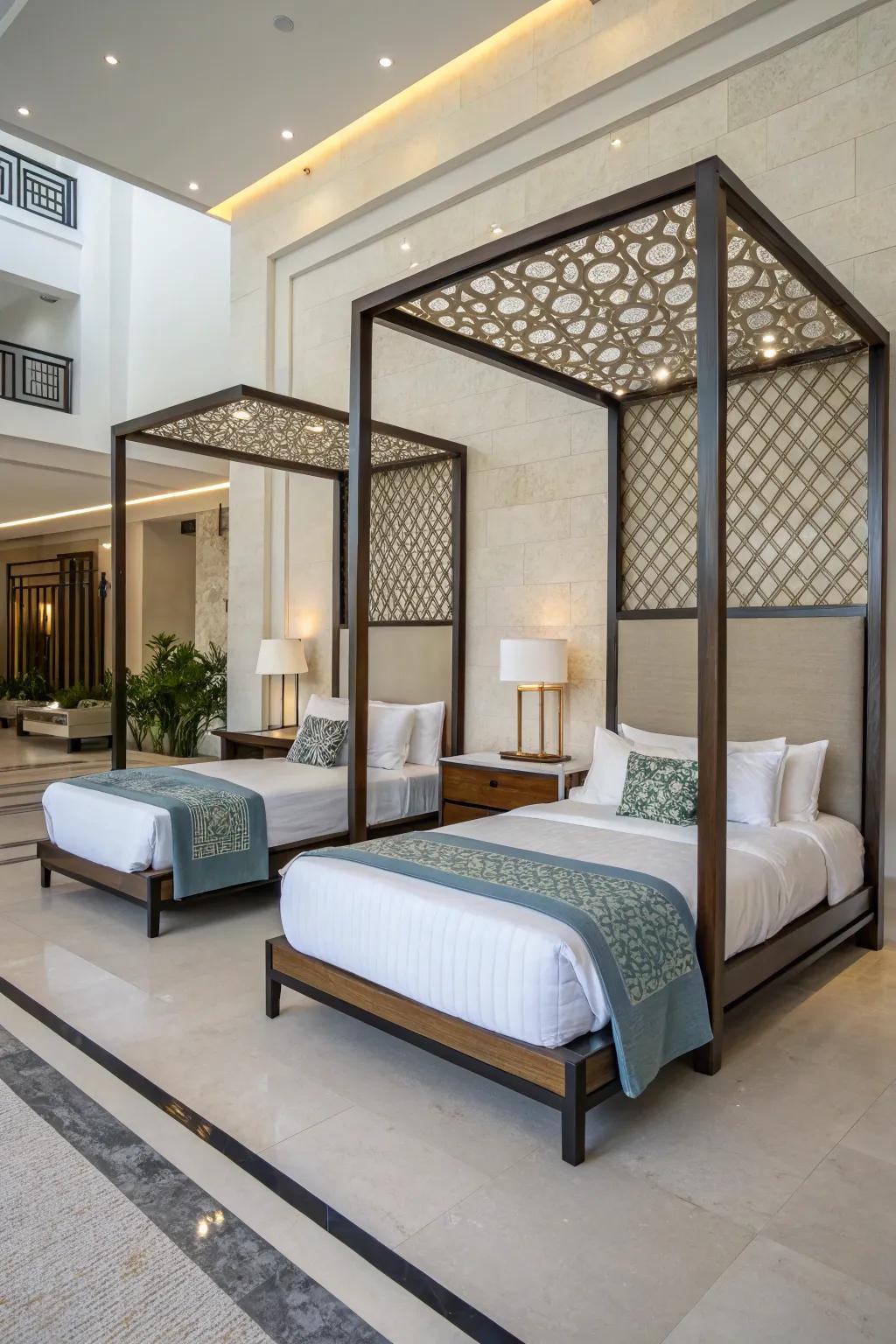 Distinctive bed frames contribute architectural intrigue to bedrooms.